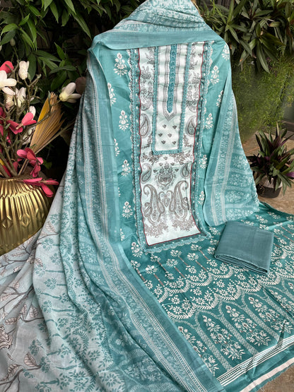 Sea Green Cotton Printed Unstitched Dress Material