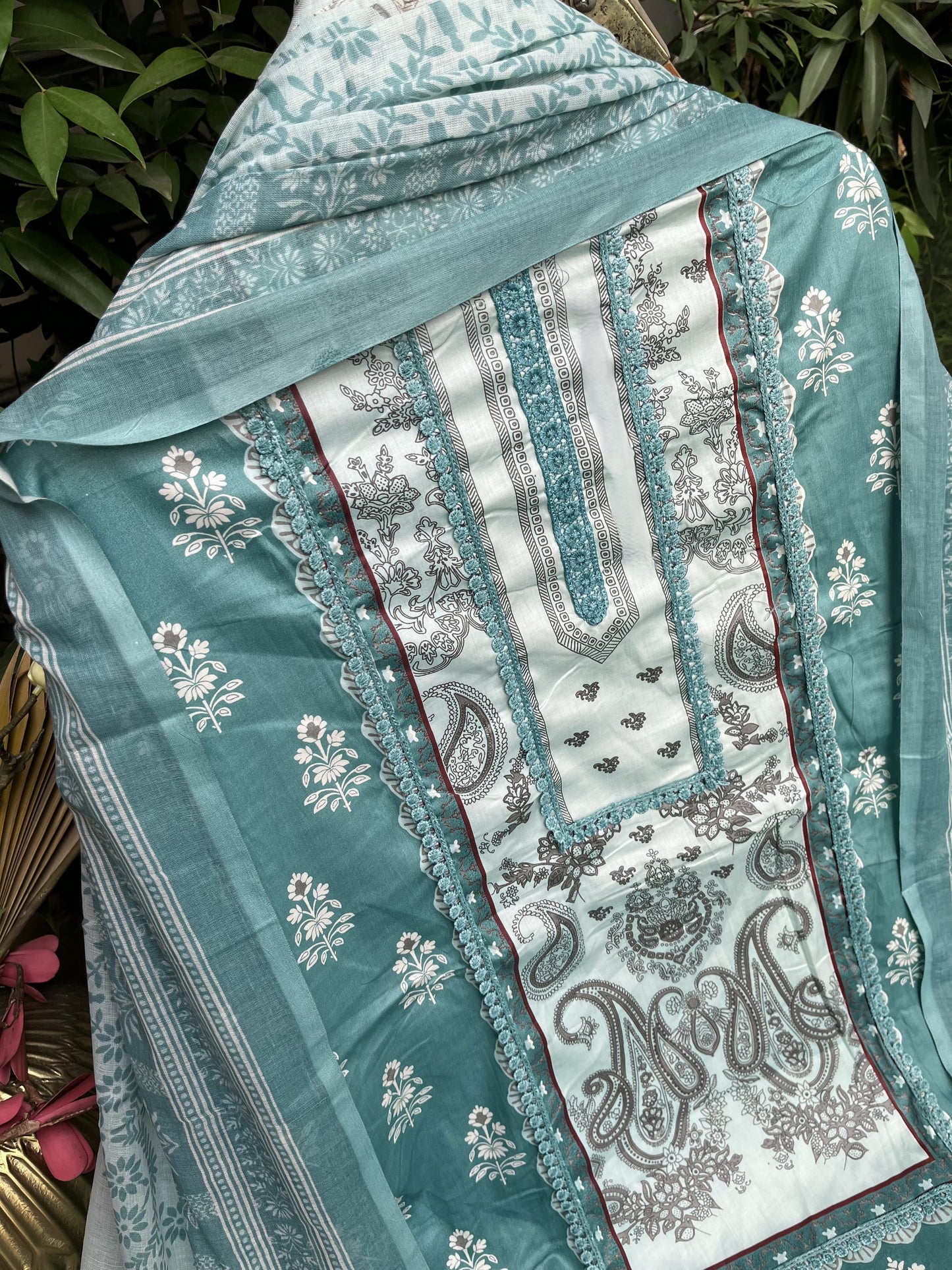 Sea Green Cotton Printed Unstitched Dress Material