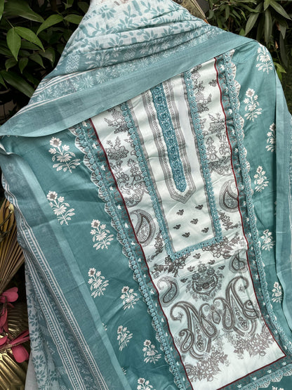 Sea Green Cotton Printed Unstitched Dress Material