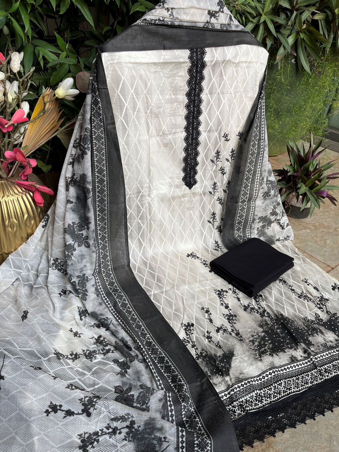 Black & White Rayon Printed Unstitched Dress Material