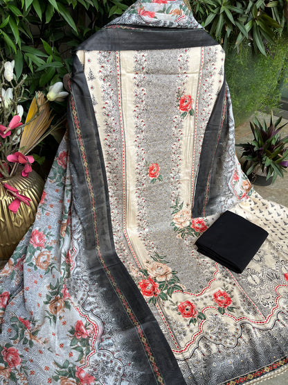 Beige Printed Unstitched Dress Material