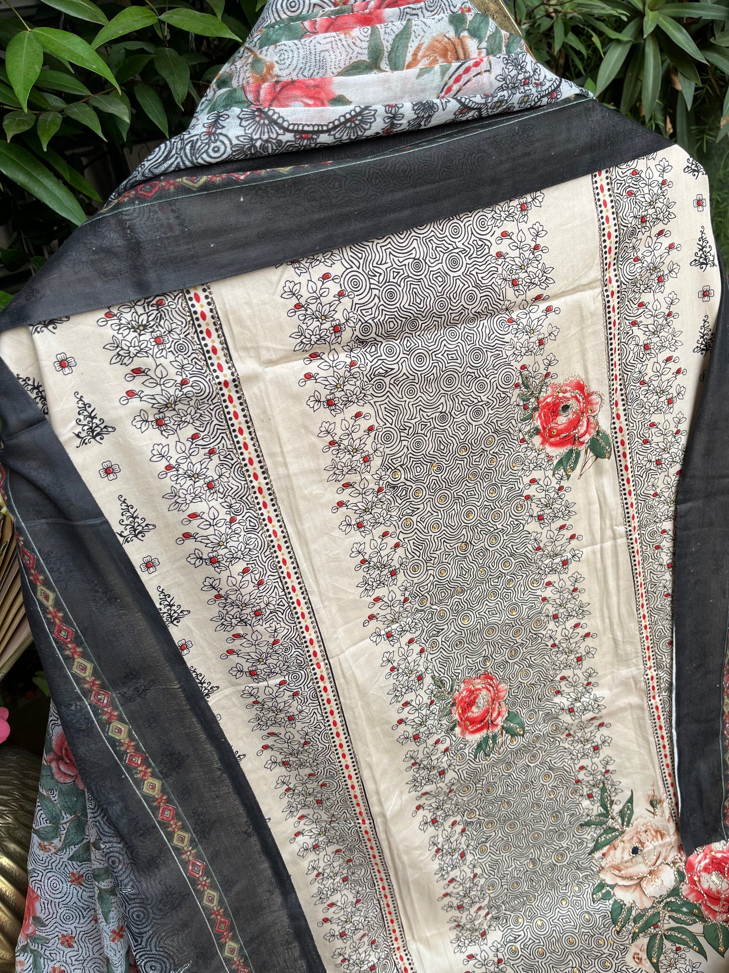 Beige Printed Unstitched Dress Material