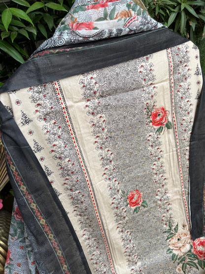 Beige Printed Unstitched Dress Material