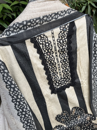 Beige Printed Unstitched Dress Material With Dupatta