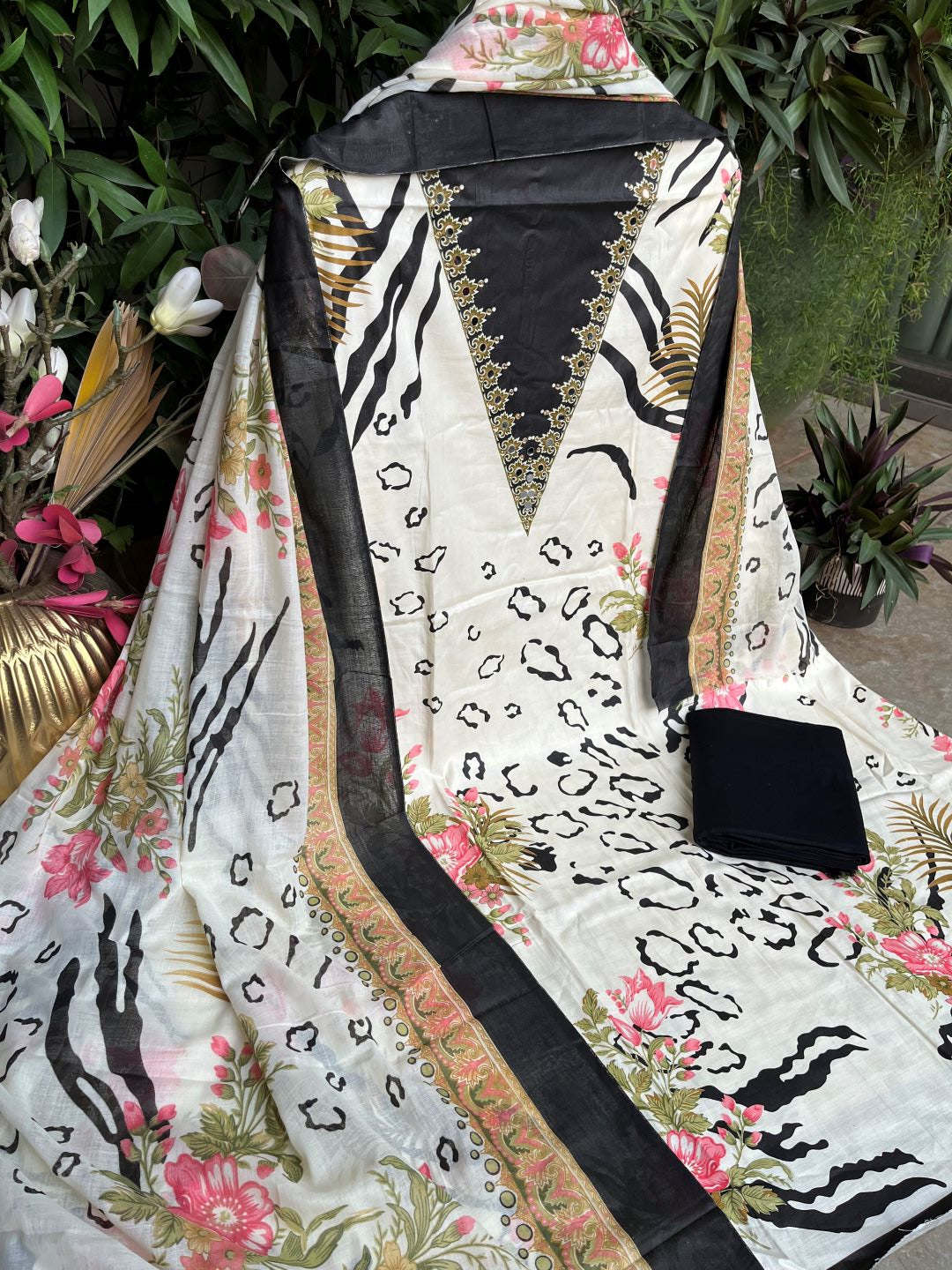 Cream Cotton Printed Unstitched Dress Material