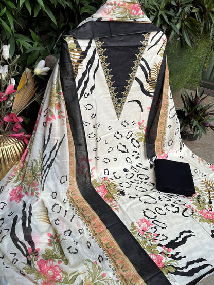 Cream Cotton Printed Unstitched Dress Material
