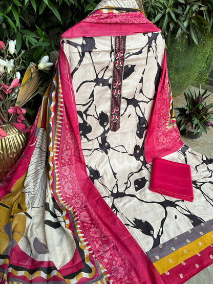 Pink Cotton Printed Unstitched Dress Material