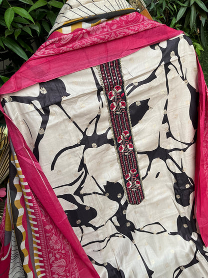 Pink Cotton Printed Unstitched Dress Material