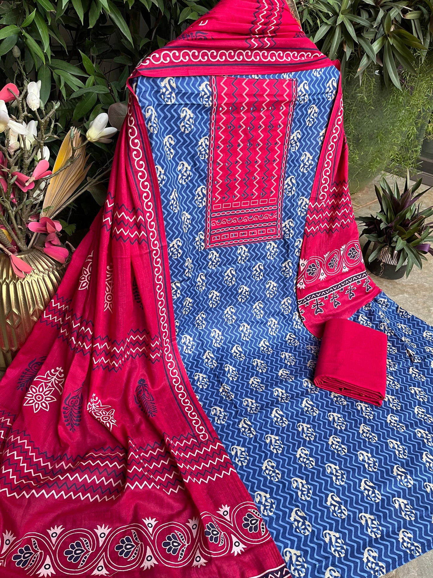 Blue Cotton Printed Unstitched Dress Material