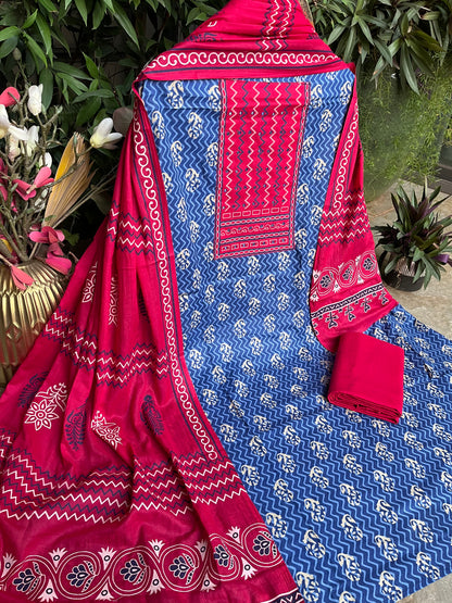 Blue Cotton Printed Unstitched Dress Material