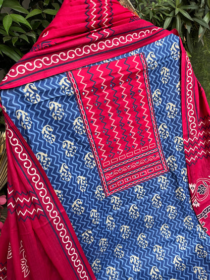 Blue Cotton Printed Unstitched Dress Material