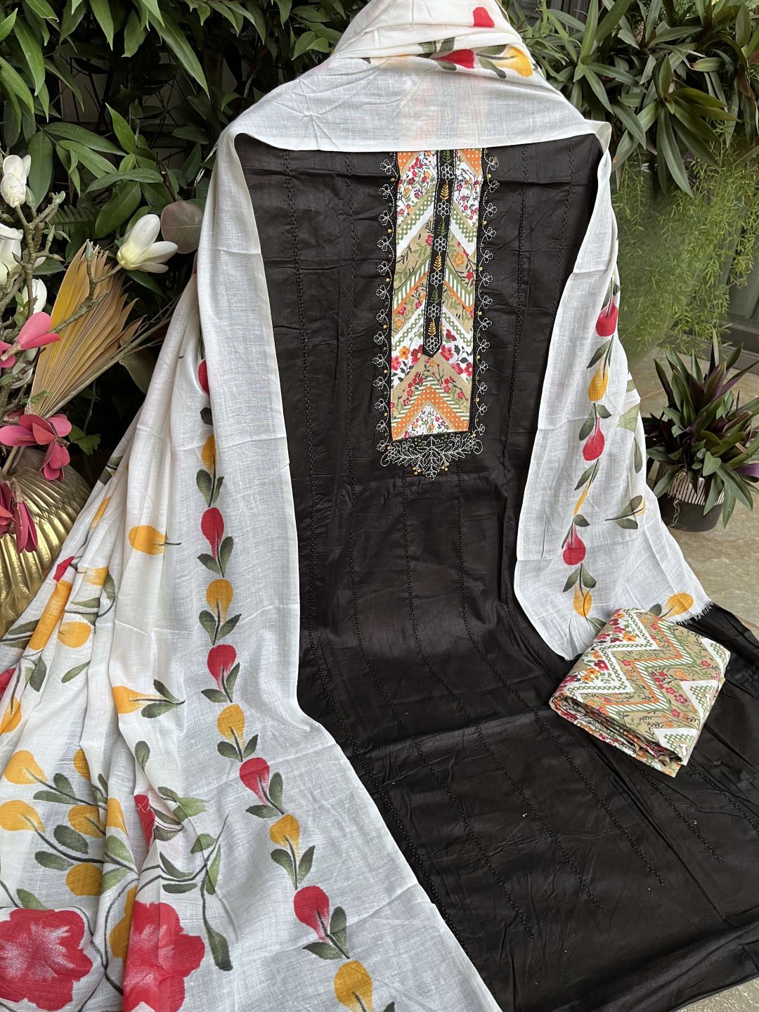 Black Cotton Printed Unstitched Dress Material