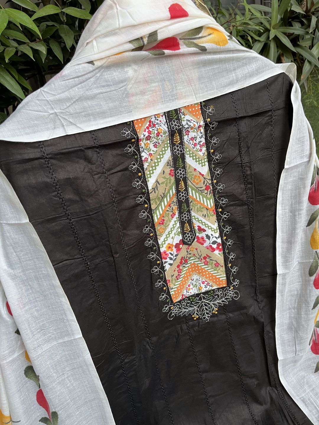 Black Cotton Printed Unstitched Dress Material