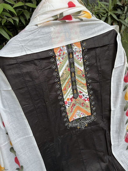 Black Cotton Printed Unstitched Dress Material