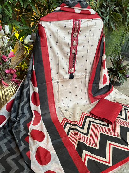 Beige Cotton Printed Unstitched Dress Material