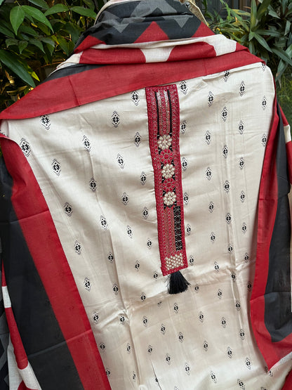 Beige Cotton Printed Unstitched Dress Material