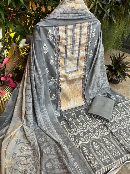 Grey Cotton Printed Unstitched Dress Material