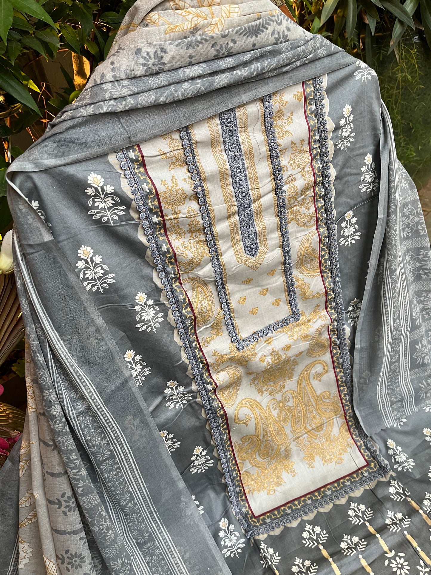 Grey Cotton Printed Unstitched Dress Material