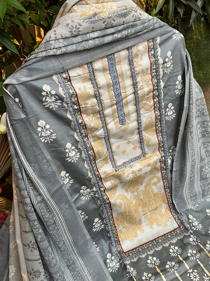 Grey Cotton Printed Unstitched Dress Material