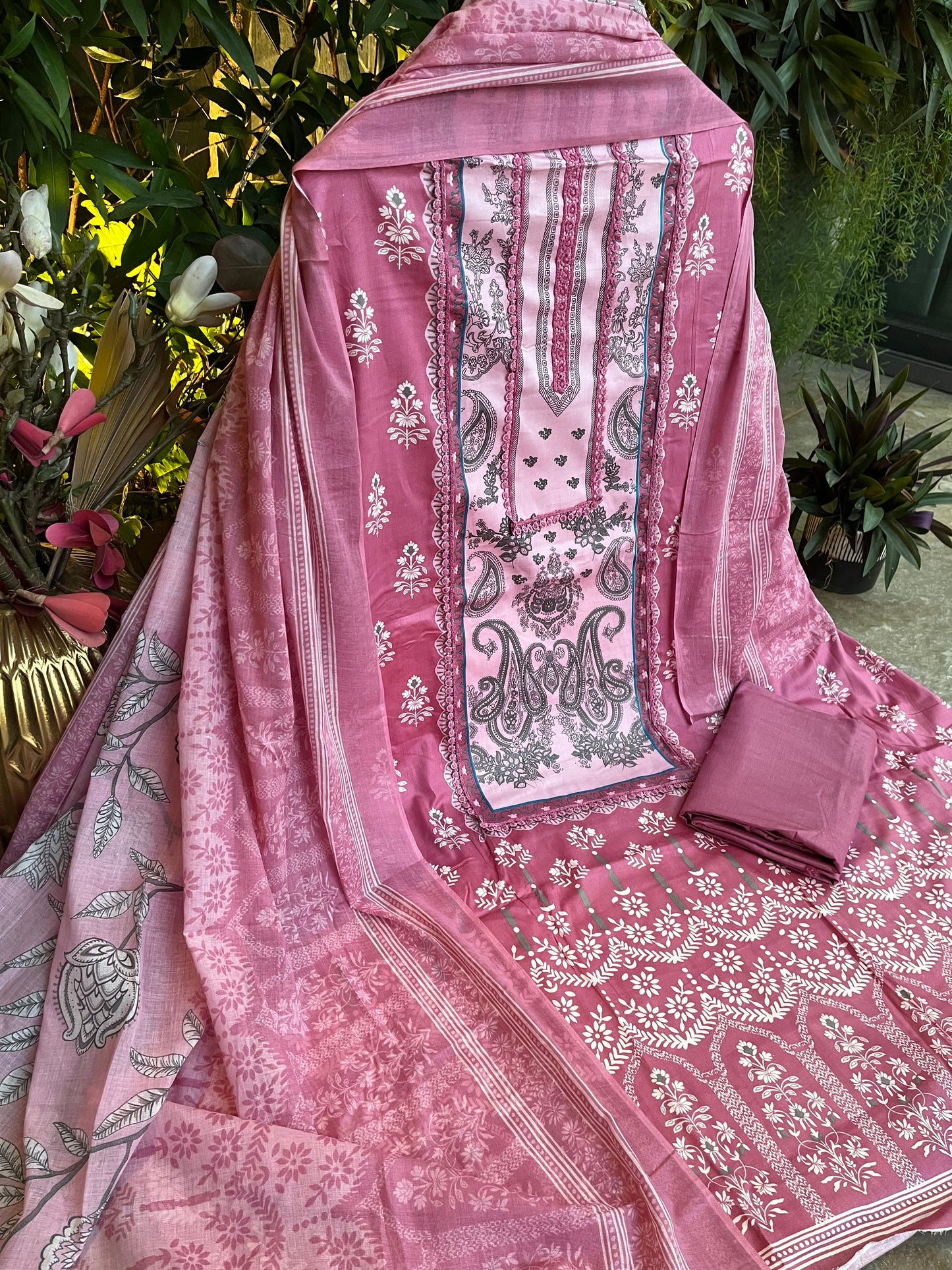 Pink Cotton Printed Unstitched Dress Material