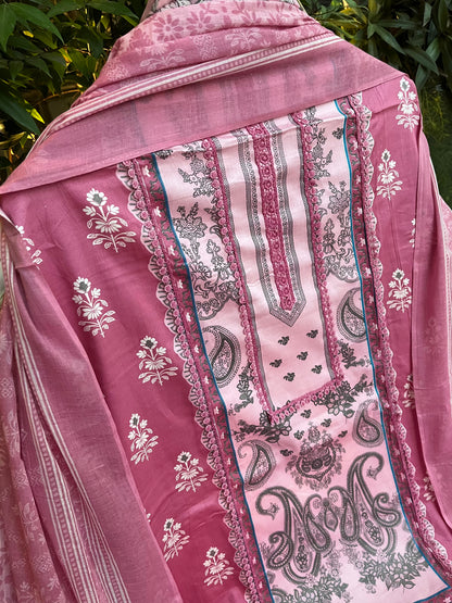 Pink Cotton Printed Unstitched Dress Material