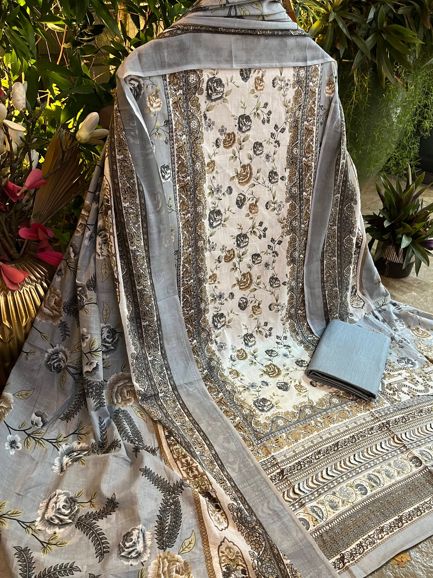 Grey Cotton Printed Unstitched Dress Material