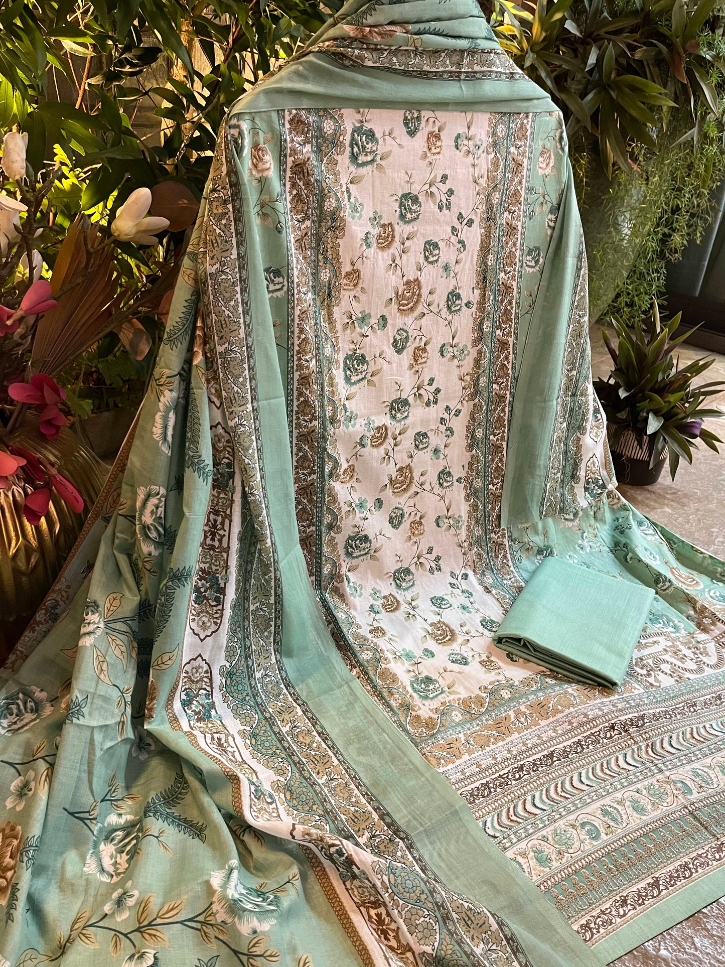 Green Cotton Printed Unstitched Dress Material
