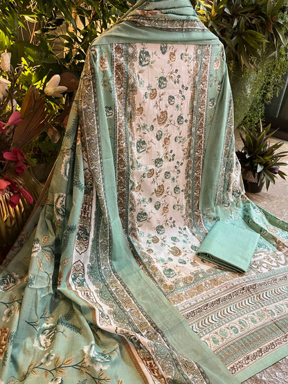 Green Cotton Printed Unstitched Dress Material