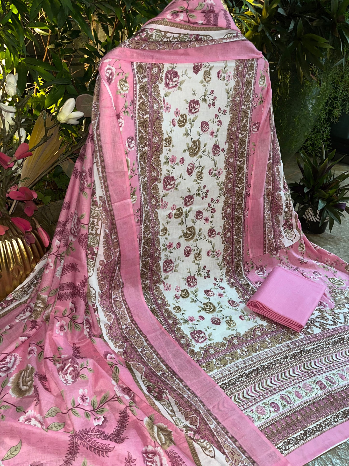 Pink Cotton Printed Unstitched Dress Material