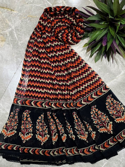 Brown Hand Block Printed Pure Cotton Dupatta