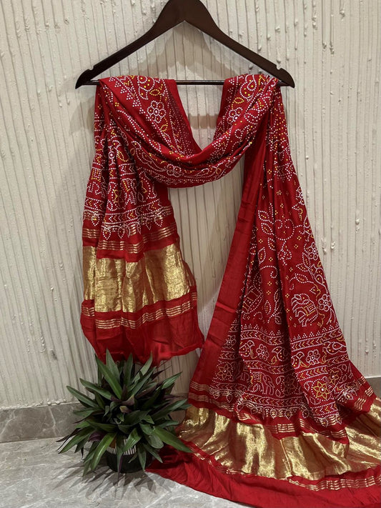 Red Silk Bandhani Printed Dupatta With Zari Border