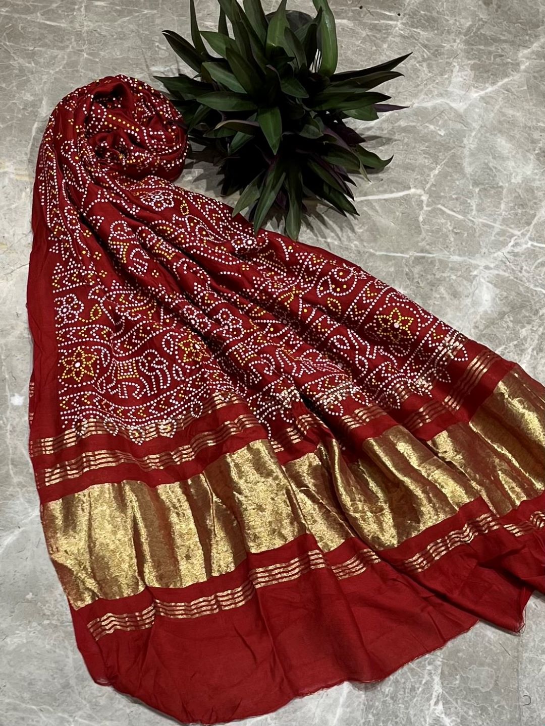Red Silk Bandhani Printed Dupatta With Zari Border
