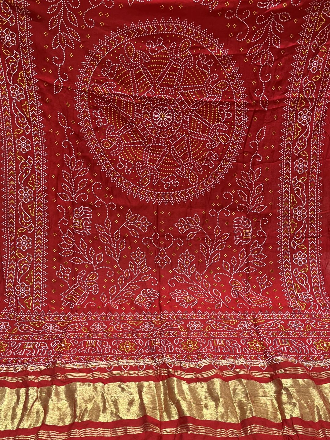 Red Silk Bandhani Printed Dupatta With Zari Border