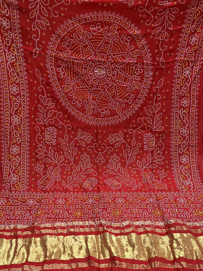 Red Silk Bandhani Printed Dupatta With Zari Border