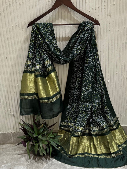 Green Silk Bandhani Printed Dupatta With Zari Border