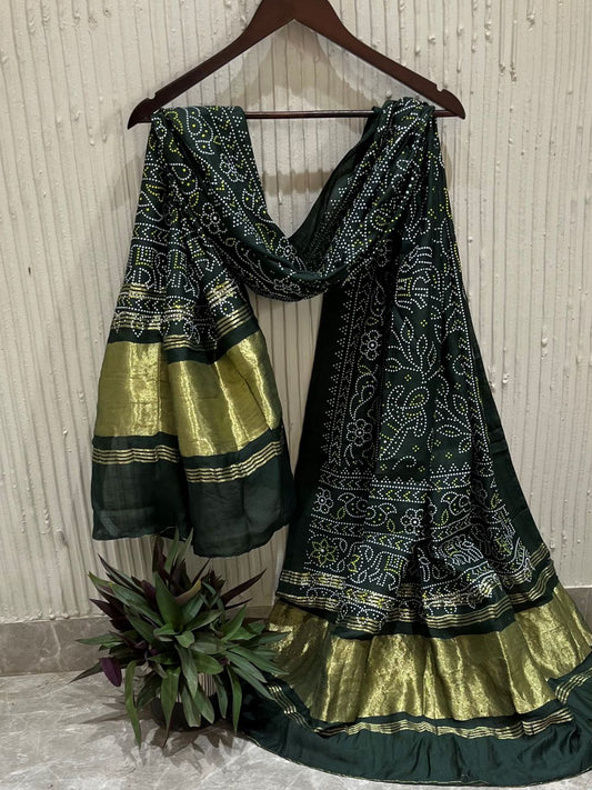 Green Silk Bandhani Printed Dupatta With Zari Border