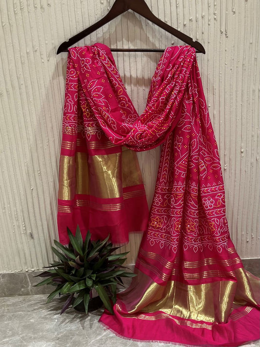 Pink Silk Bandhani Printed Dupatta With Zari Border