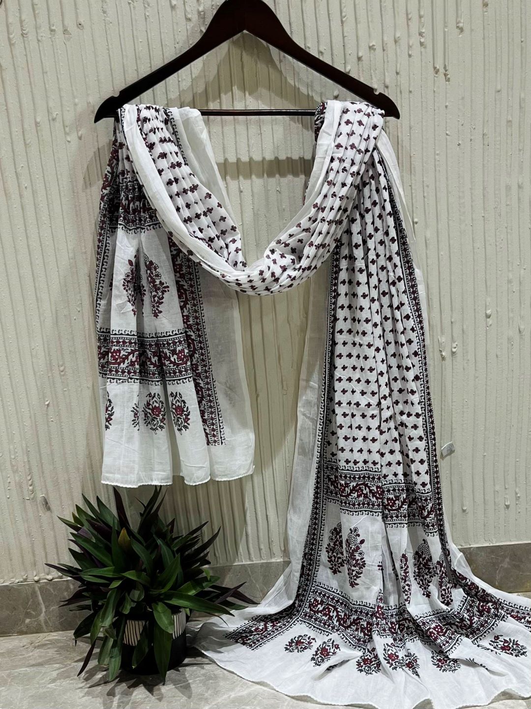 White Hand Block Printed Pure Cotton Dupatta