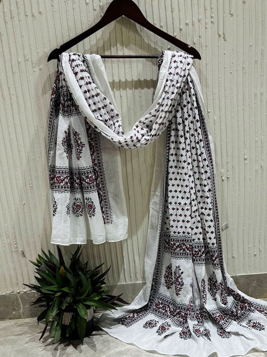 White Hand Block Printed Pure Cotton Dupatta