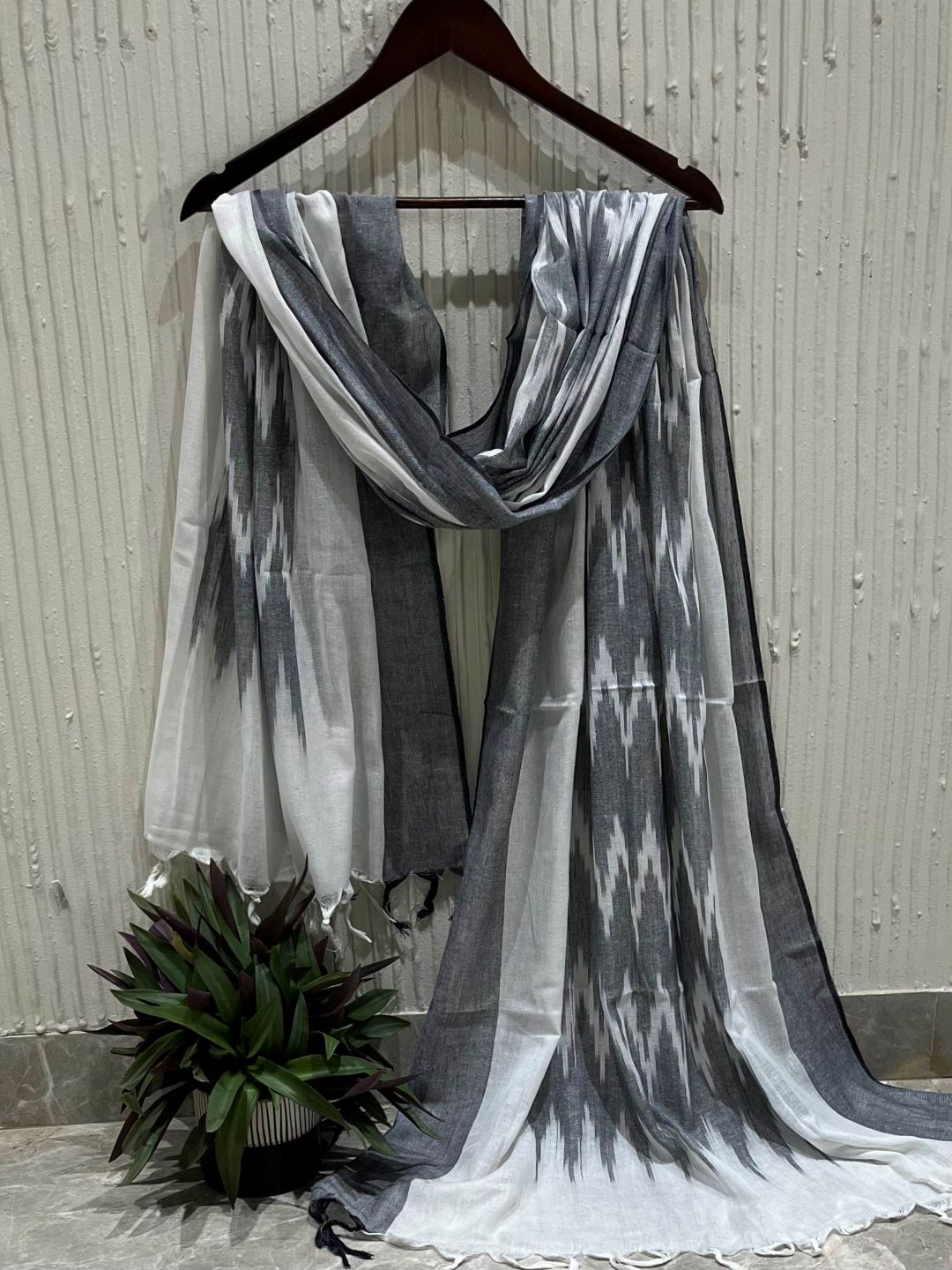 Grey Woven Design Pure Cotton Ikat Dupatta