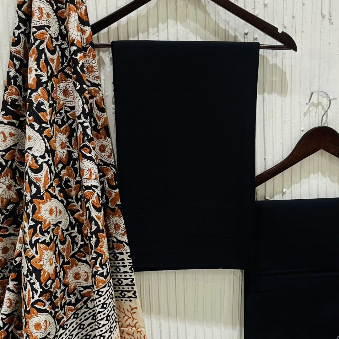 Black Solid Pure Cotton Unstitched Dress Material (with printed Dupatta)