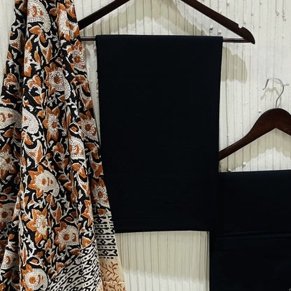 Black Solid Pure Cotton Unstitched Dress Material (with printed Dupatta)