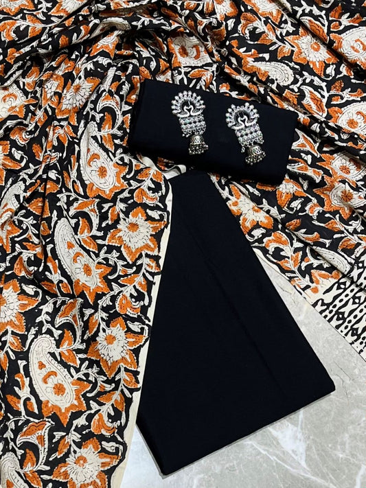 Black Solid Pure Cotton Unstitched Dress Material (with printed Dupatta)