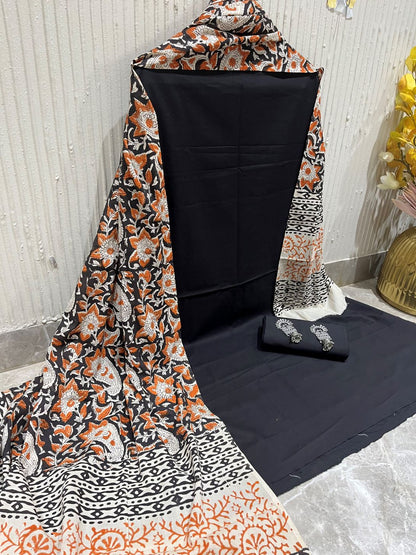 Black Solid Pure Cotton Unstitched Dress Material (with printed Dupatta)