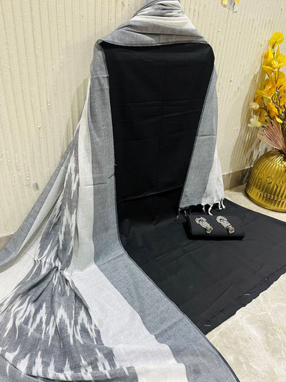 Black Pure Cotton Solid Unstitched Dress Material (with printed Dupatta)