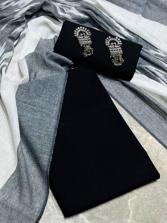 Black Pure Cotton Solid Unstitched Dress Material (with printed Dupatta)