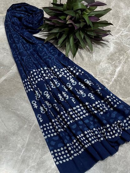 Blue Hand Block Printed Pure Cotton Dupatta
