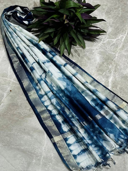 Blue Cotton Silk Tie and Dye Dupatta With Zari Border