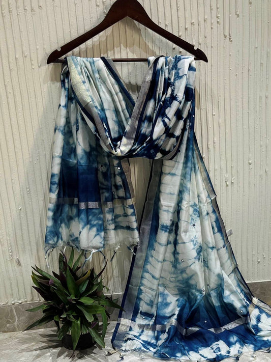 Blue Cotton Silk Tie and Dye Dupatta With Zari Border