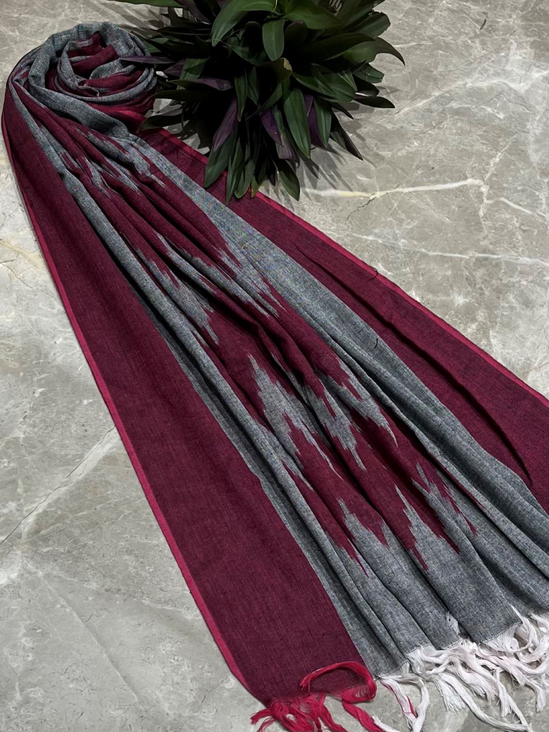 Wine Woven Design Pure Cotton Ikat Dupatta
